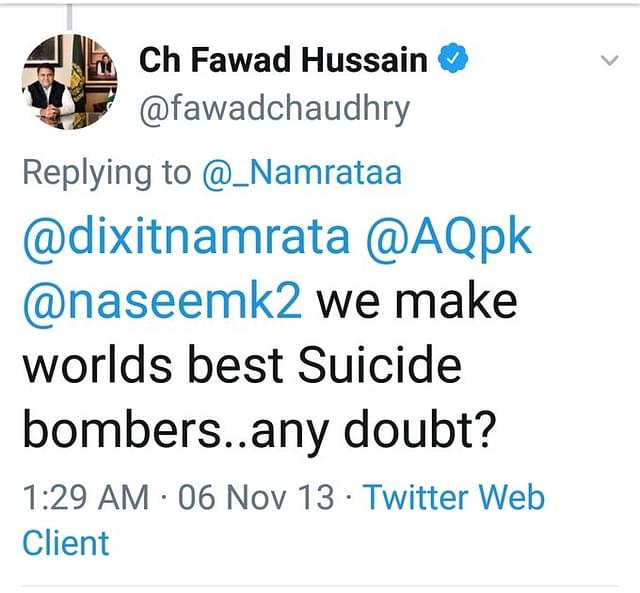 Fawad Chaudhry boasting about Pakistan’s suicide bombers (Naila Inayat/Twitter)