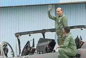 The Defence Minister Rajnath Singh was seen waving before the fighter jet took off from the HAL airport in the city (Source: @ANI/Twitter)