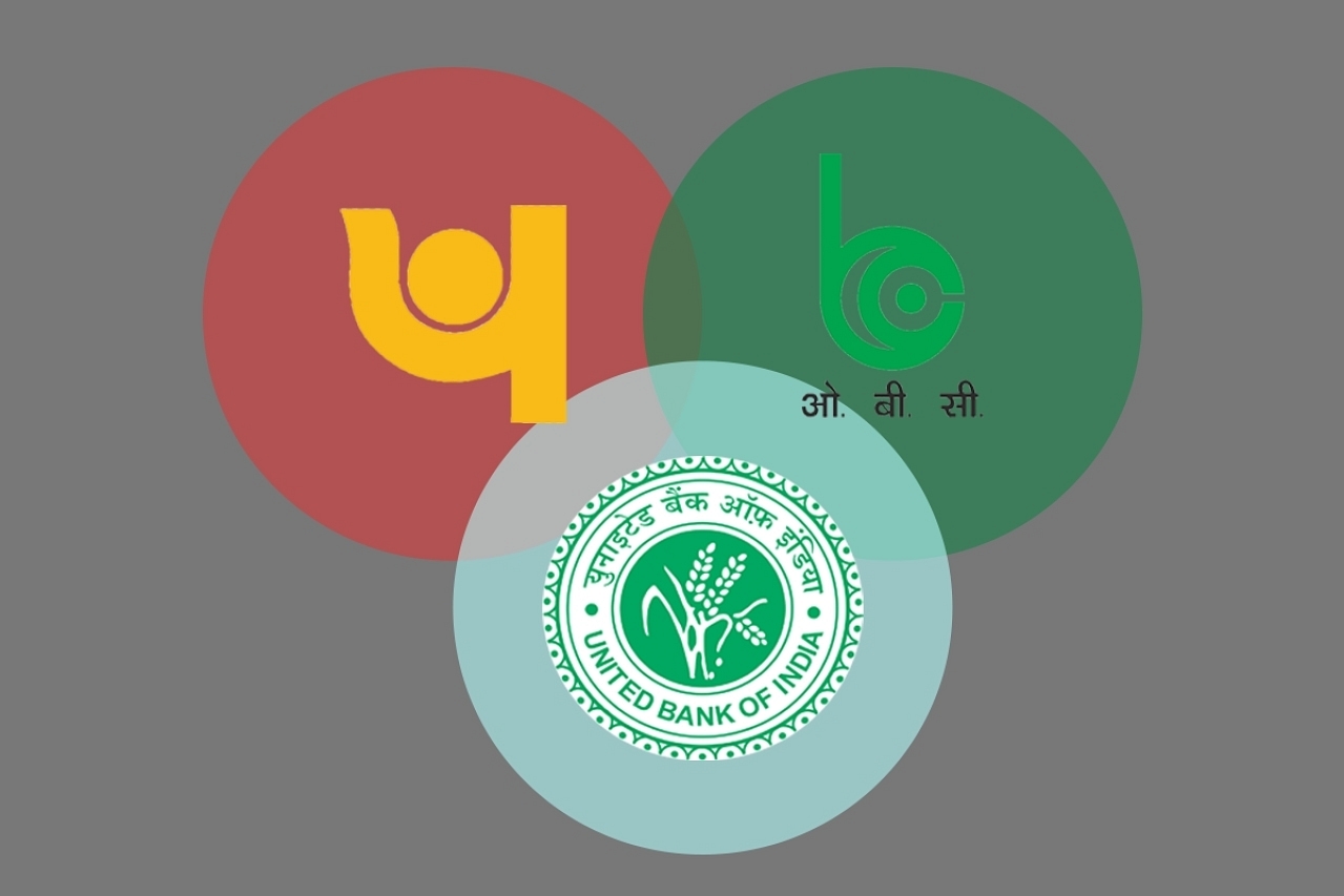 Logos of PNB, OBC and UBI - three banks merged by the government. (Swarajya)