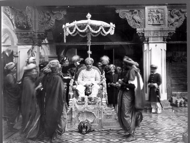 The coronation of Jaya Chamaraja Wadiyar sitting on the Bhadrasana.