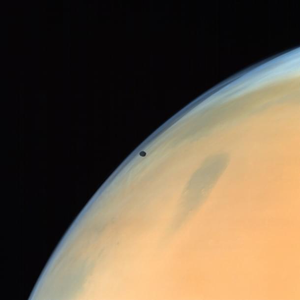 Phobos, one of the two natural satellites of Mars silhouetted against the Martian surface. (ISRO) 