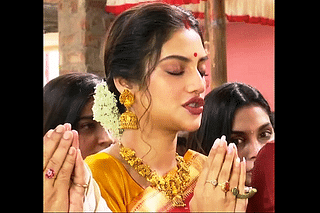 Nusrat Jahan offering Durga Puja prayers