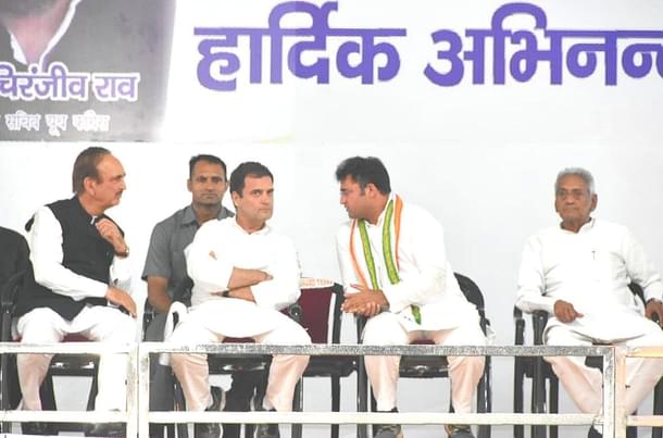 From left to right, Ghulam Nabi Azad, Rahul Gandhi and Tanwar at an election rally. 