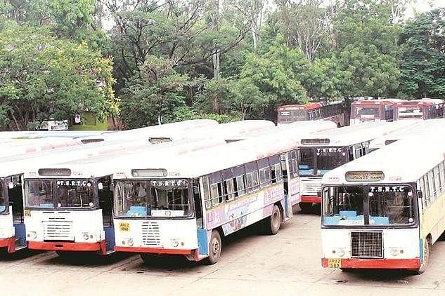 TSRTC buses lined up at the depot during the strike.