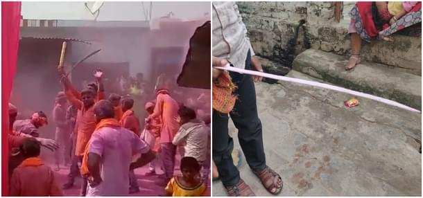 (Left) Still from a video of procession. (Right) A boy shows a sword used in procession 