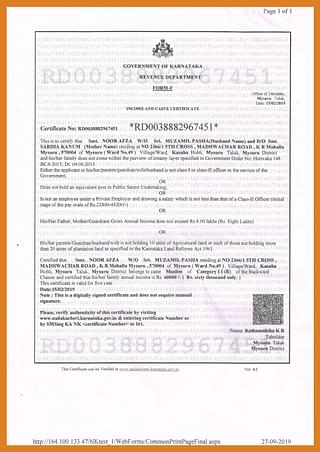 A sample caste/income certificate issued using digital methods
