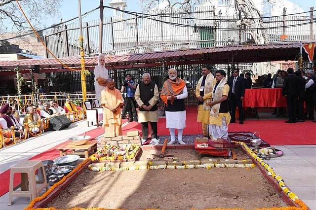 Prime Minister Narendra Modi laying the foundation stone of Kashi Vishwanath Temple corridor, at Varanasi, in Uttar Pradesh on March 08, 2019.