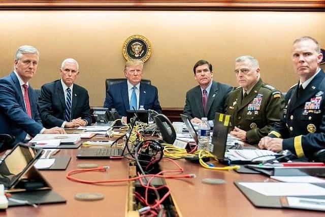 US President Trump with VP Mike Pence and other officials at White House situation room during Baghdadi raid (@CyrusMMcQueen/Twitter)
