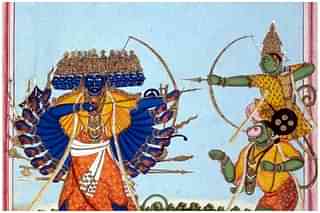 Rama and Hanuman fighting Ravana, an album painting on paper, c1820. Tanjore or Trichinopoly, Tamil Nadu, India, (Wikipedia)