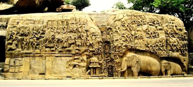 Stupendous carving of charging elephants and the calm Rishi with the central split depicting the river Ganga descending.