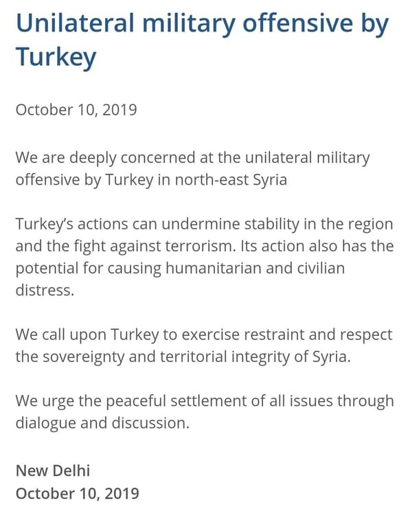MEA statement on Turkish offensive.