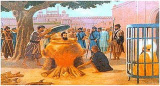 Bhai Dayal Das being boiled to death on Aurangzeb’s orders. Image courtesy: http://sikhmartyr.blogspot.com/p/bhai-mati-daas-sati-daas-dayal-daas.html