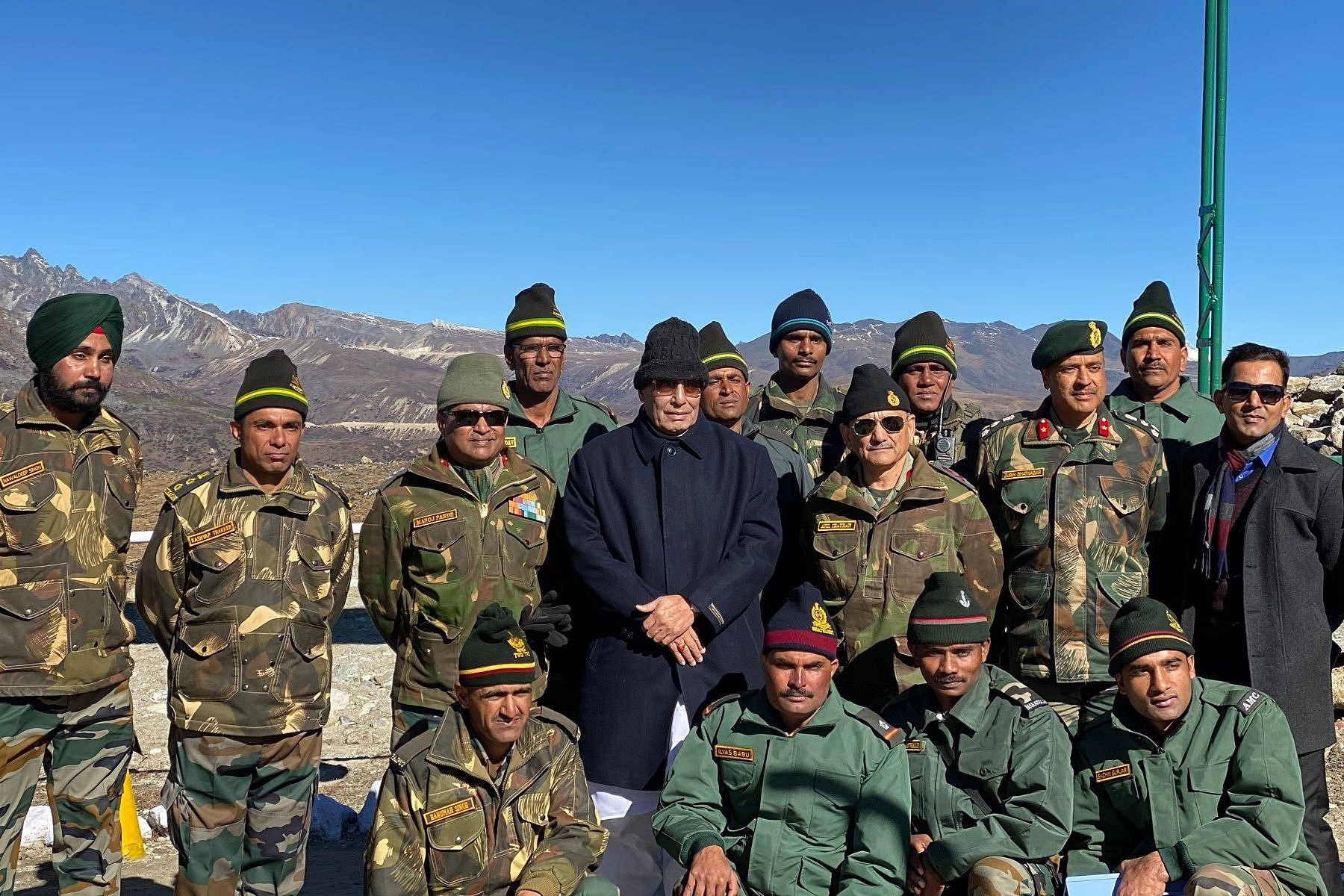 Defence Minister Rajnath Singh with Indian Army officials in Bum La, Arunachal (@rajnathsingh/Twitter)
