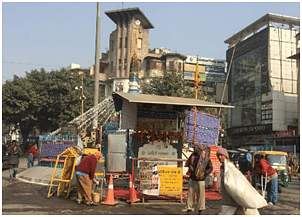 A makeshift memorial for Bhai Mati Das, Bhai Sati Das and Bhai Dayala at Fountain Chowk (above) whereas the site of his martyrdom was the Kotwali (below)