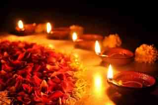 Lamps lit for puja.