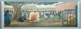 Bhai Sati Das being burned to death on Aurangzeb’s orders. Image courtesy: Museums of India, https://www.museumsofindia.org/museum/364/bhai-mati-das-sati-das-museum&nbsp;