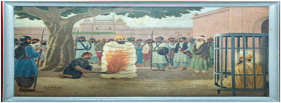 Bhai Sati Das being burned to death on Aurangzeb’s orders. Image courtesy: Museums of India, https://www.museumsofindia.org/museum/364/bhai-mati-das-sati-das-museum&nbsp;