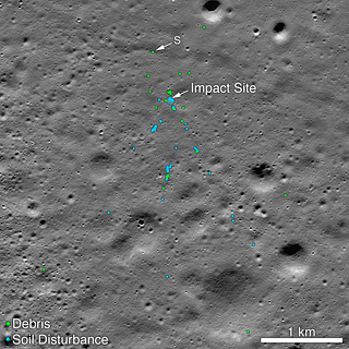 Vikram impact point and associated debris field. Green dots indicate spacecraft debris (confirmed or likely). Blue dots are locating disturbed soil, likely where small bits of the spacecraft churned up the regolith. “S” indicates debris identified by Subramanian. Portion of NAC mosaic made from images M1328074531L/R and M1328081572L/R acquired 11 November [NASA/GSFC/Arizona State University].