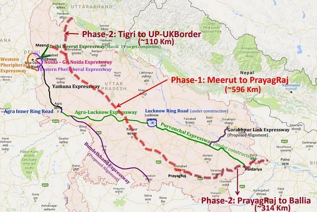 The rough alignment of various expressways, both planned and under-construction, in Uttar Pradesh.&nbsp; (UPEIDA)