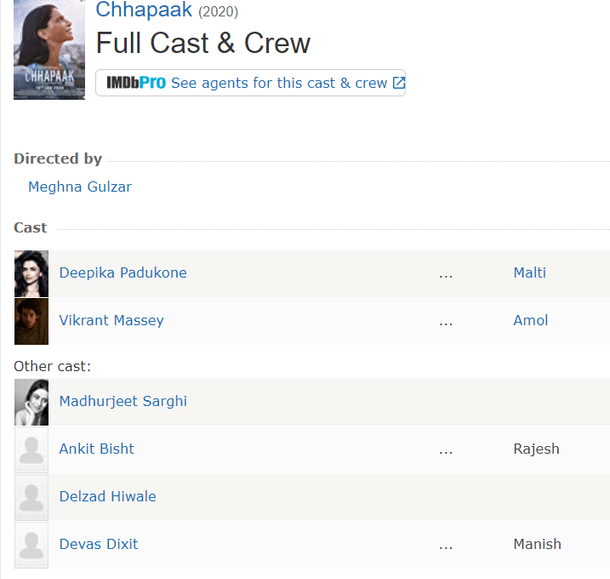 IMDB cast page of Chhapaak 