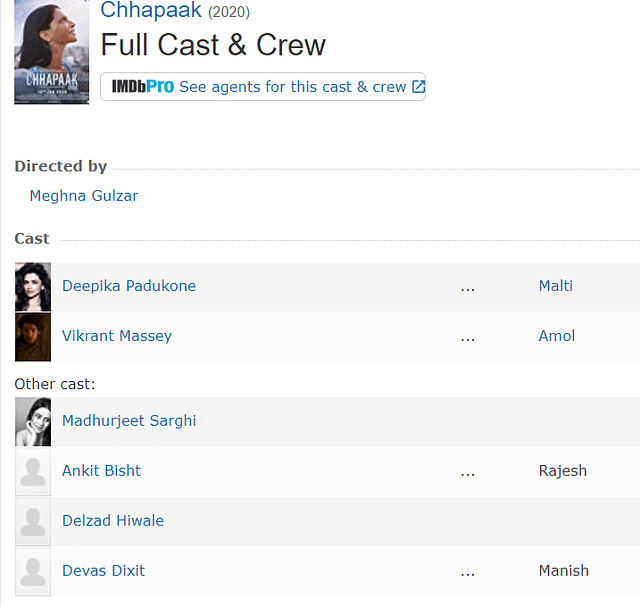 IMDB cast page of Chhapaak&nbsp;