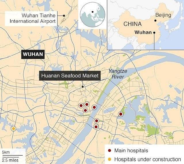  Map of Wuhan city, showing the seafood market and other important landmarks.