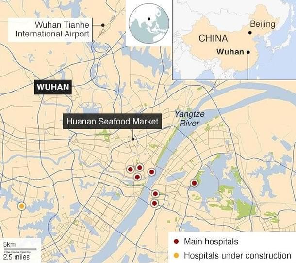 Map of Wuhan city, showing the seafood market and other important landmarks.