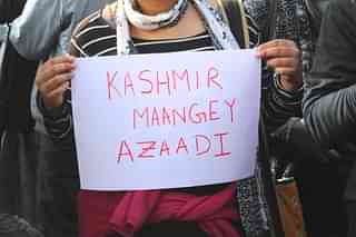 An anti-CAA protester holding a ‘Kashmir Maangey Azaadi’ poster.&nbsp;