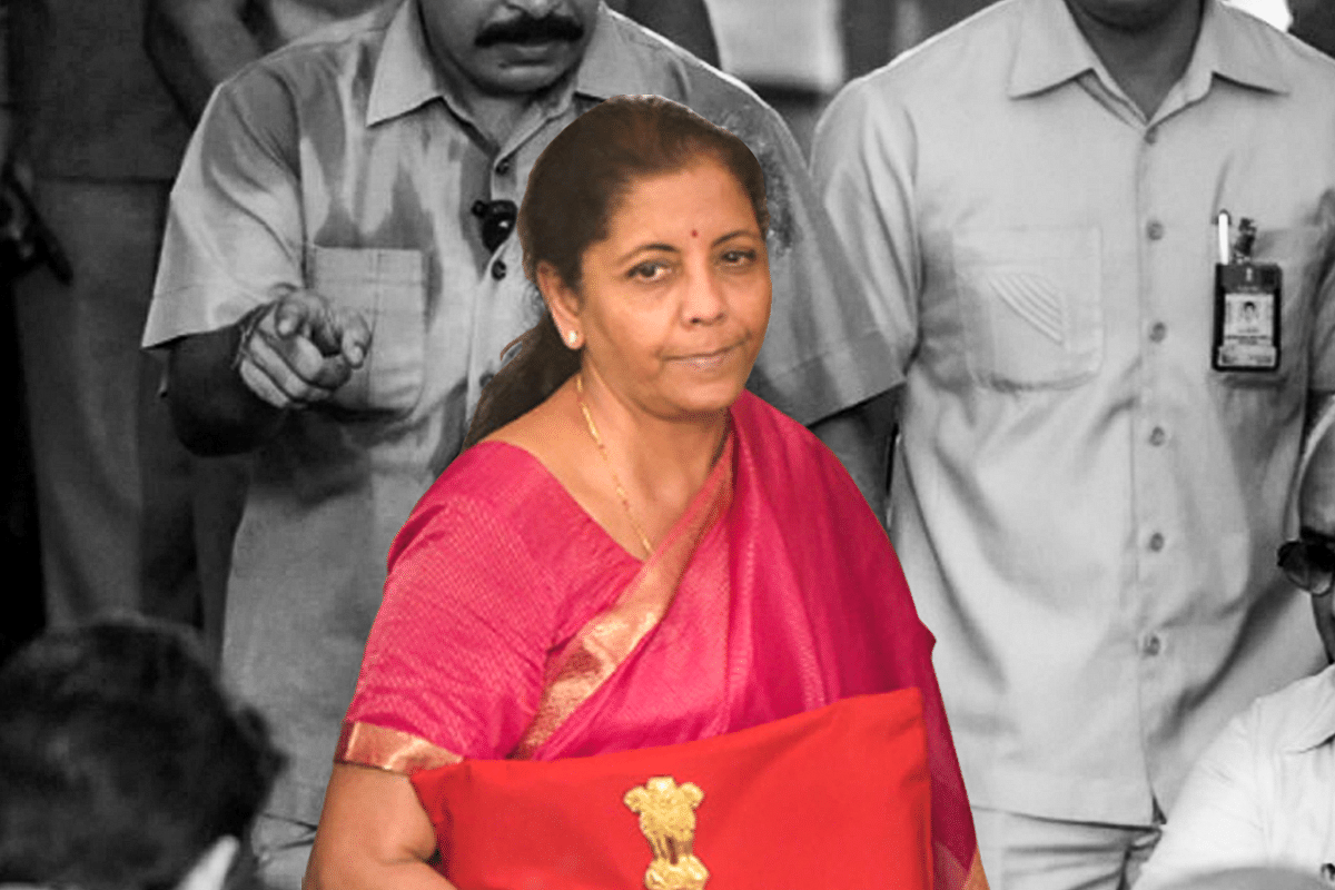 Finance Minister Nirmala Sitharaman outside Parliament before presenting the Budget for 2019-20.&nbsp;