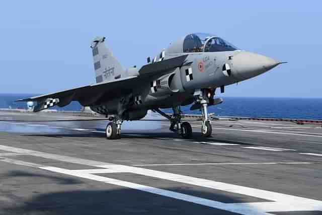 Naval Variant of HAL’s LCA Tejas landing on INS Vikramaditya (Representative Image)(Pic Via Twitter)