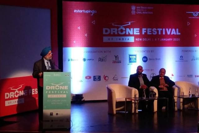 Union Civil Aviation Minister Hardeep S Puri at the Drone Festival in New Delhi (Pic Via Twitter)