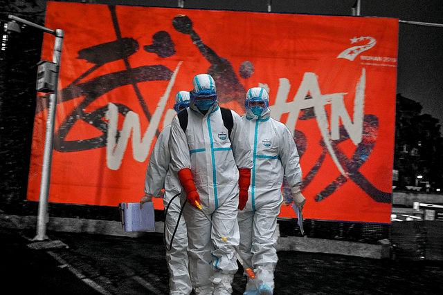 Chinese health workers in Wuhan.