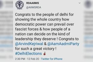 The tweet put out by the Doctors’ Body of AIIMS Delhi after AAP’s victory in the Delhi Elections. 