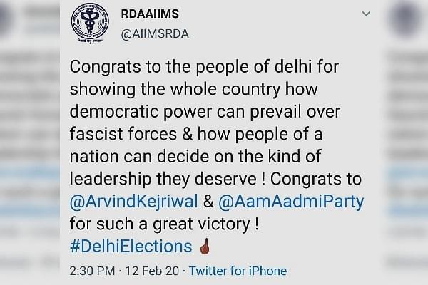 The tweet put out by the Doctors’ Body of AIIMS Delhi after AAP’s victory in the Delhi Elections.&nbsp;
