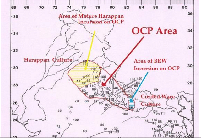 A screengrab of the map showing OCP culture sandwiched between Harappans and Corded Ware culture from Kumar’s paper (Source: <a href="http://www.ijarch.org/Admin/Articles/9-Note%20on%20Chariots.pdf">http://www.ijarch.org/Admin/Articles/9-Note%20on%20Chariots.pdf</a>)