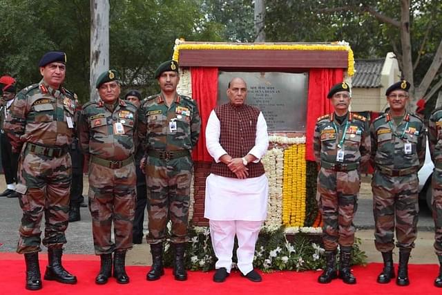 Defence Minister Rajnath Singh at the foundation stone laying cermony of the ‘Thal Sena Bhawan’ (Pic Via Twitter)