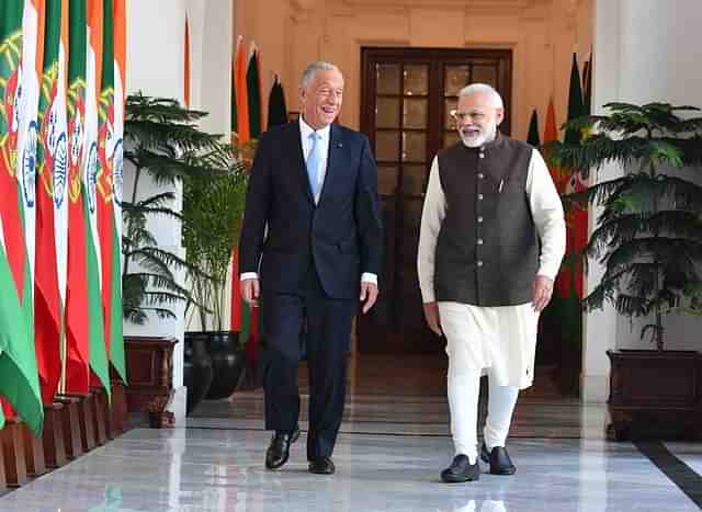 Prime Minister Narendra Modi (R) with Portuguese President Marcelo Rebelo de Sousa. (PTI Photo/Manvender Vashist)