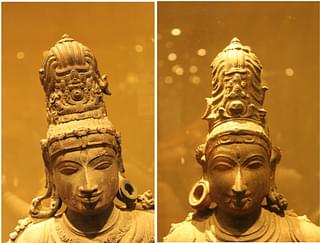 Shiva, left, with asymmetrical earrings: Feminine to the left; Maheswari Goddess, right, with asymmetrical earrings, feminine to the right. (Chennai Museum)