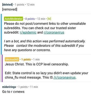 A screen grab from Reddit showing the censorship in the social media platform about the outbreak. (Source: Imgur)