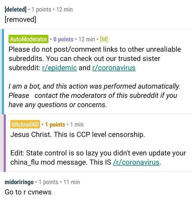 A screen grab from Reddit showing the censorship in the social media platform about the outbreak. (Source: Imgur)