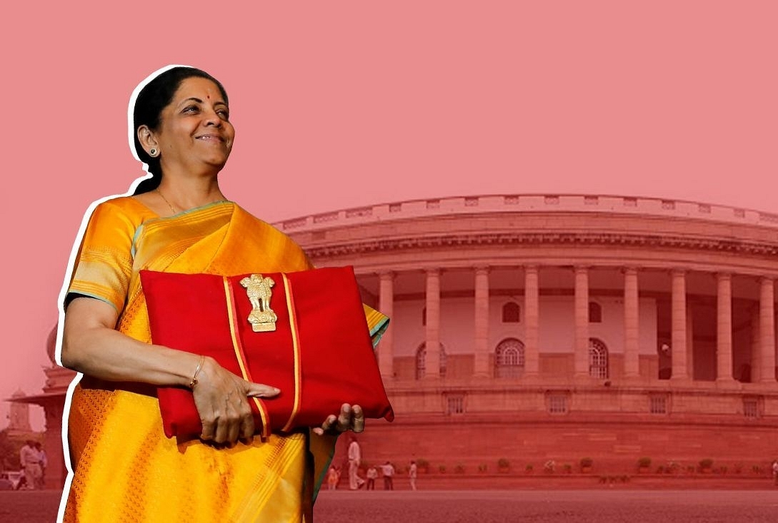 Finance Minister Nirmala Sitharaman outside Parliament before presenting the Budget for 2019-20.&nbsp;