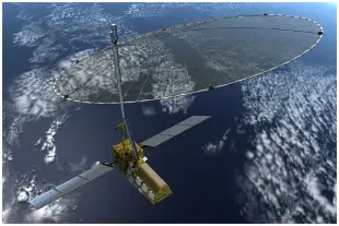 Image from Wikipedia. Artist’s concept of the NASA-ISRO Synthetic Aperture Radar (NISAR) satellite in orbit.