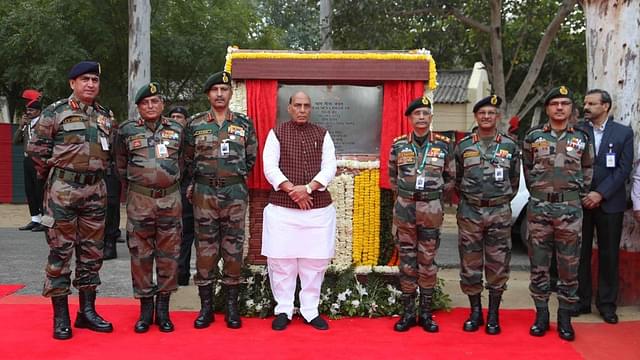 Defence Minister Rajnath Singh at the foundation stone laying cermony of the ‘Thal Sena Bhawan’ (Pic Via Twitter)