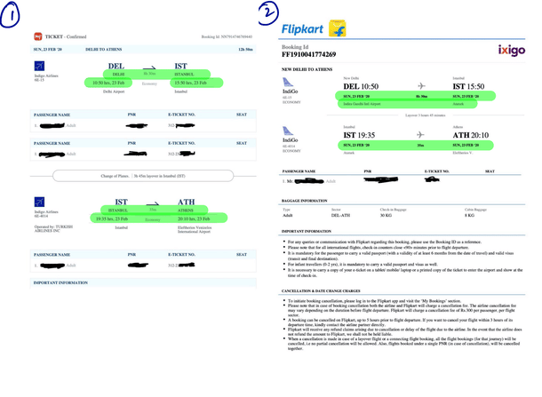 (Highlighted in Green) The two e-tickets the couple booked for their trip from Delhi to Athens, Greece. This trip was scheduled for 23 February. Prior to this flight, the couple took a flight from Mumbai to New Delhi. 