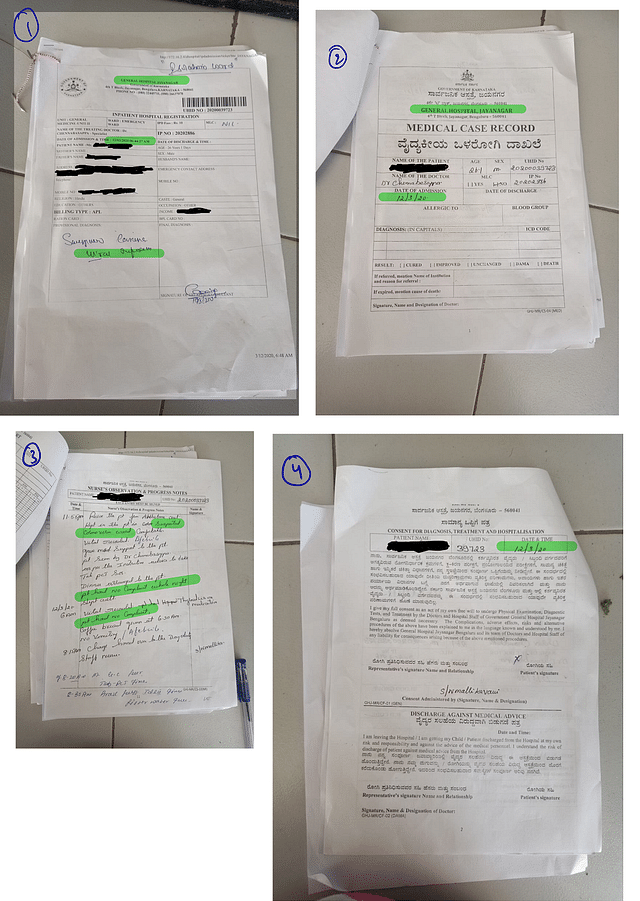 A few pages from the reports of the techie when he was admitted at the Jayanagar General Hospital. On Page 3, the patient is described as ‘suspected for coronoavirus’. As told by his younger brother, the confirmation came on 12th morning, and not on 7 March, as the TOI report suggested.&nbsp;