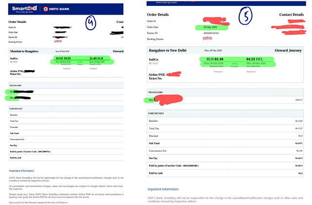 (L): The two tickets booked from Mumbai to Bengaluru for 8 March evening. (R): A single ticket for the wife, for a flight that was scheduled to leave merely 4 hours after their first flight landed. Contrary to what has been mentioned in the report, the e-tickets suggest that the wife had not been to the city, and did not escape from any quarantine facility.&nbsp;