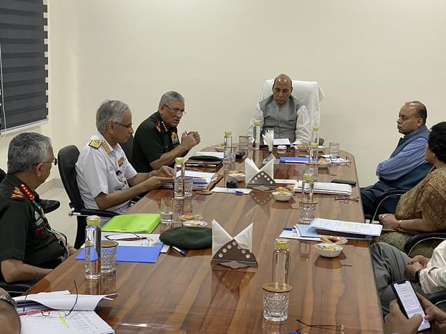 Defence Minister Rajnath Singh in a  review meeting with CDS General Bipin Rawat and others (representative image) (Pic via Twitter)