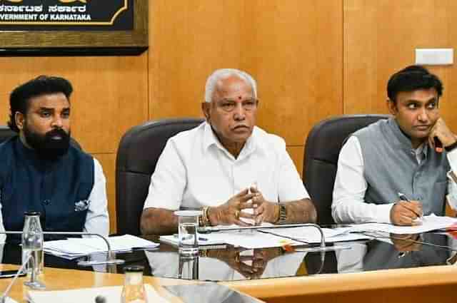 Health Minister B Sriramulu, Chief Minister B S Yediyurappa, Medical Education Minister Dr K Sudhakar.