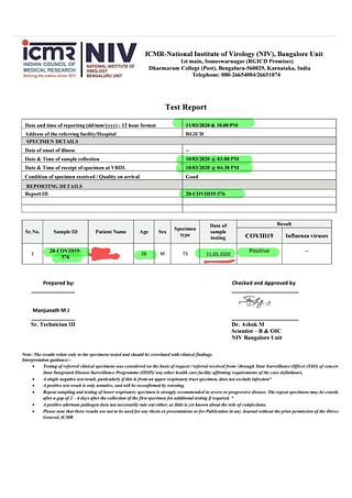 (Highlighted in Green): The report for the first test that was conducted on 10 March, evening. The same report was made available to the family of the couple by 12 March, confirming that the techie had tested positive for COVID-19. This was on 12 March, and not on 7 March, as the initial TOI report stated.&nbsp;