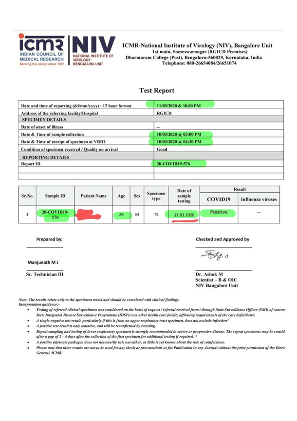 (Highlighted in Green): The report for the first test that was conducted on 10 March, evening. The same report was made available to the family of the couple by 12 March, confirming that the techie had tested positive for COVID-19. This was on 12 March, and not on 7 March, as the initial TOI report stated. 